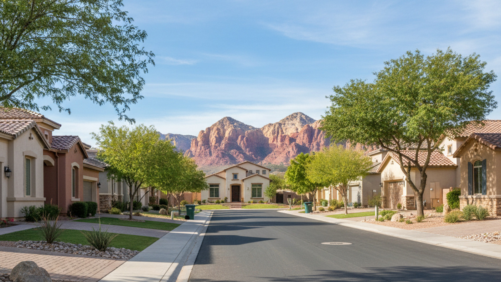 Las Vegas Valley suburban neighborhood with family homes, wide streets and mountain views — family community comparison 2026